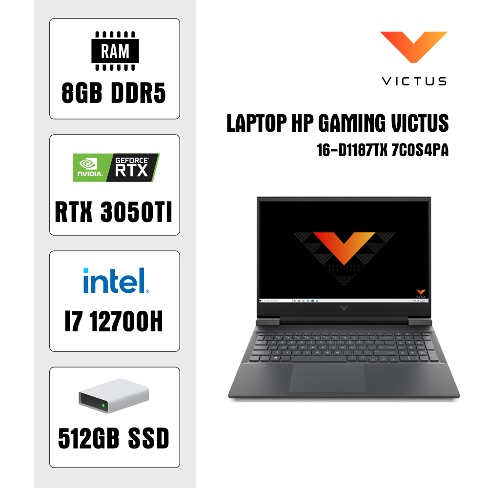 Laptop HP Gaming Victus 16-d1187TX 7C0S4PA (Core i7 12700H/ 8GB/ 512GB SSD/ Nvidia GeForce RTX 3050Ti 4Gb GDDR6/ 16.1inch FHD/ Windows 11 Home/ Black)