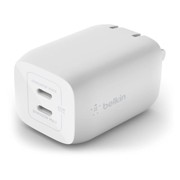 Củ sạc Belkin sạc nhanh 65W 2 cổng USB-C PD 3.0 PPS GaN (Màu trắng)