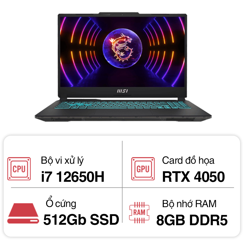 Laptop MSI Gaming Cyborg 15 A12VE 240VN (Core i7 12650H/ 8GB/ 512GB SSD/ Nvidia GeForce RTX 4050 6GB GDDR6/ 15.6inch Full HD/ Windows 11 Home/ Black/ Balo)