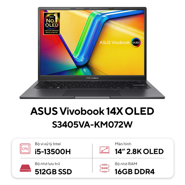 Laptop Asus Vivobook 14X OLED S3405VA-KM072W (i5 13500H/ 16GB/ 512GB SSD/14 inch 2.8K/Win11/ Bạc/ Vỏ nhôm)