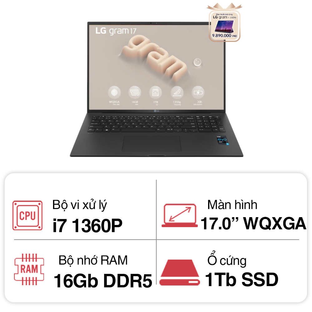 Laptop LG Gram 17Z90R-G.AH78A5 (i7 1360P/ 16GB/ 1TB SSD/17 inch WQXGA/Win11/ Black)