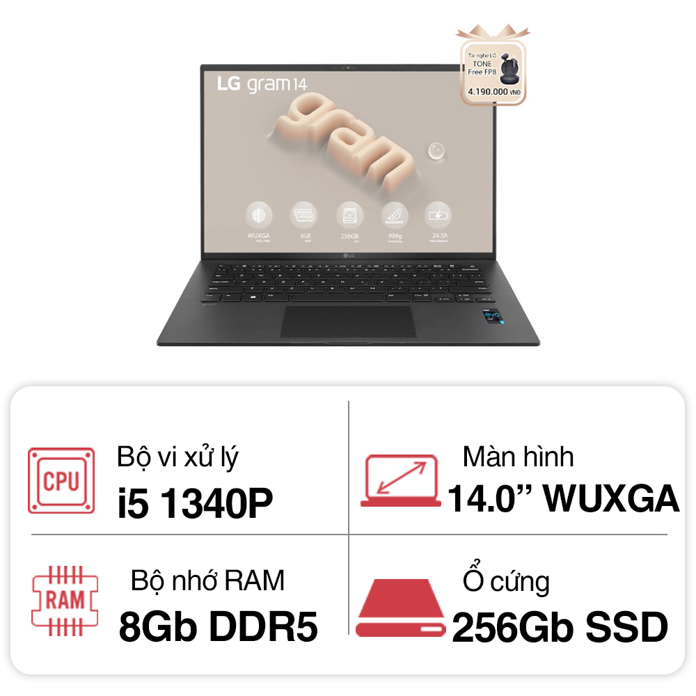 Laptop LG Gram 14ZD90R-G.AX52A5 (i5 1340P/ 8GB/ 256GB SSD/14 inch WUXGA/NoOS/ Black)