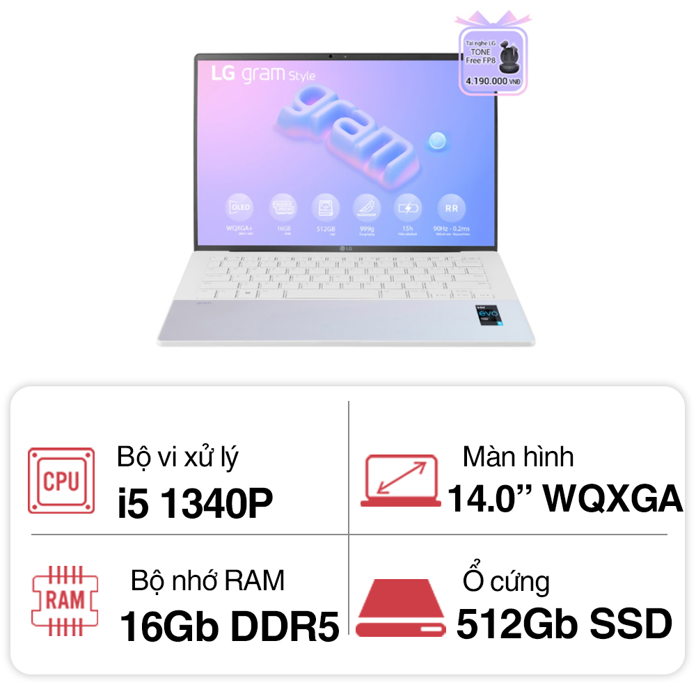 Laptop LG Gram Style 14Z90RS-G.AH54A5 (i5 1340P/ 16GB/ 512GB SSD/ 14 inch WQXGA/ Win11/ White)
