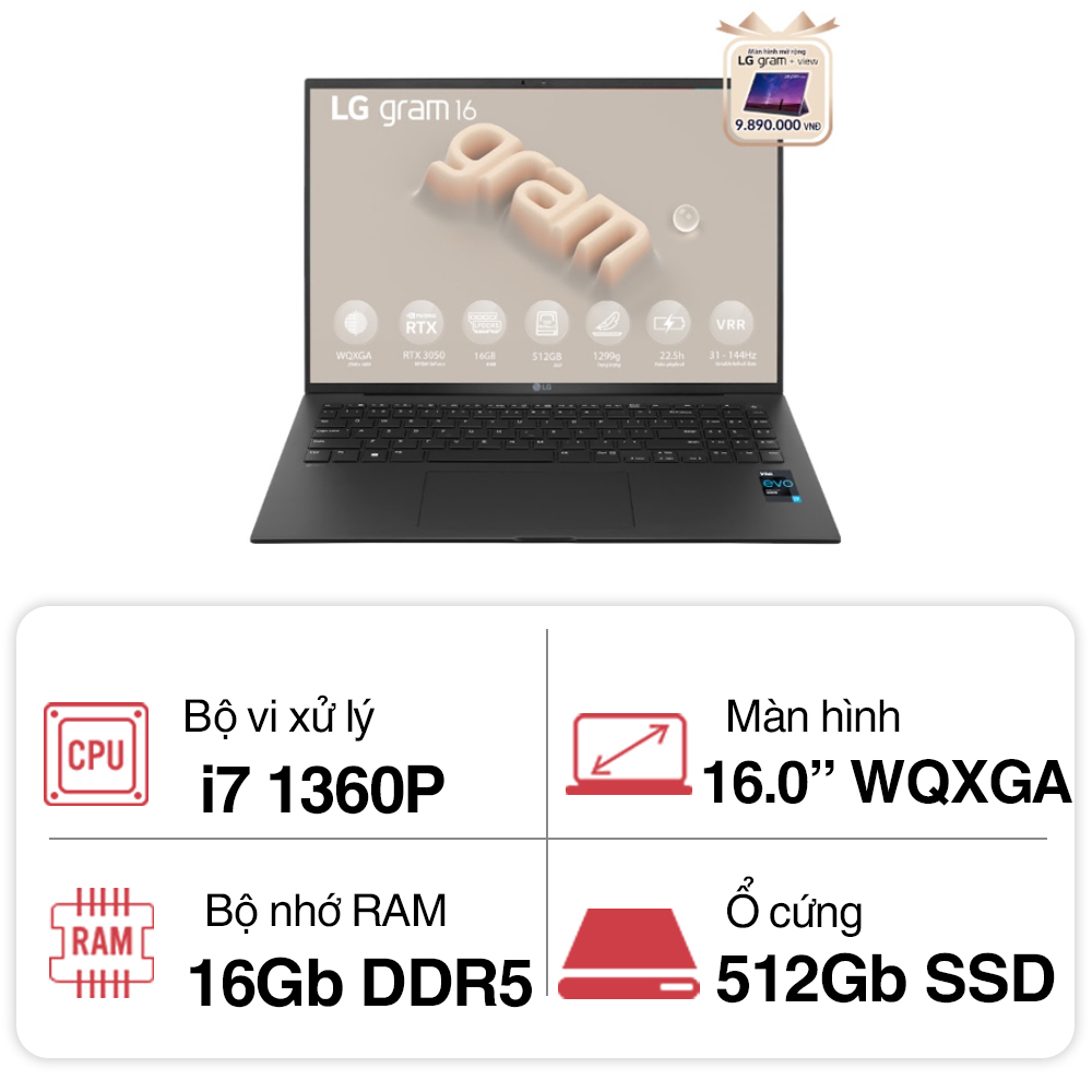 Laptop LG Gram 16Z90R-E.AH75A5 (i7 1360P/ 16GB/ 512GB SSD/ RTX 3050 4GB/ 16 inch WQXGA/ Win11/ Black)