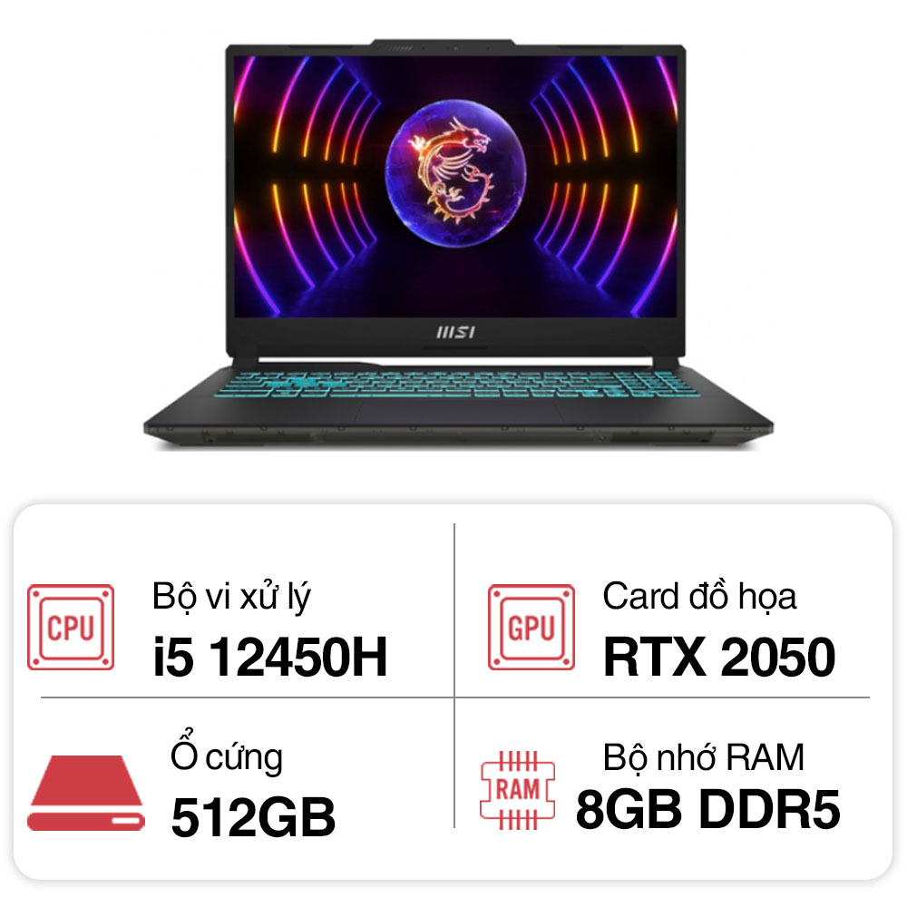 Laptop MSI Gaming Cyborg 15 A12UCX-281VN (i5 12450H/ 8GB/ 512GB SSD/ RTX 2050 4GB/ 15.6 inch FHD/ 144Hz/ Win11/ Black/Balo)