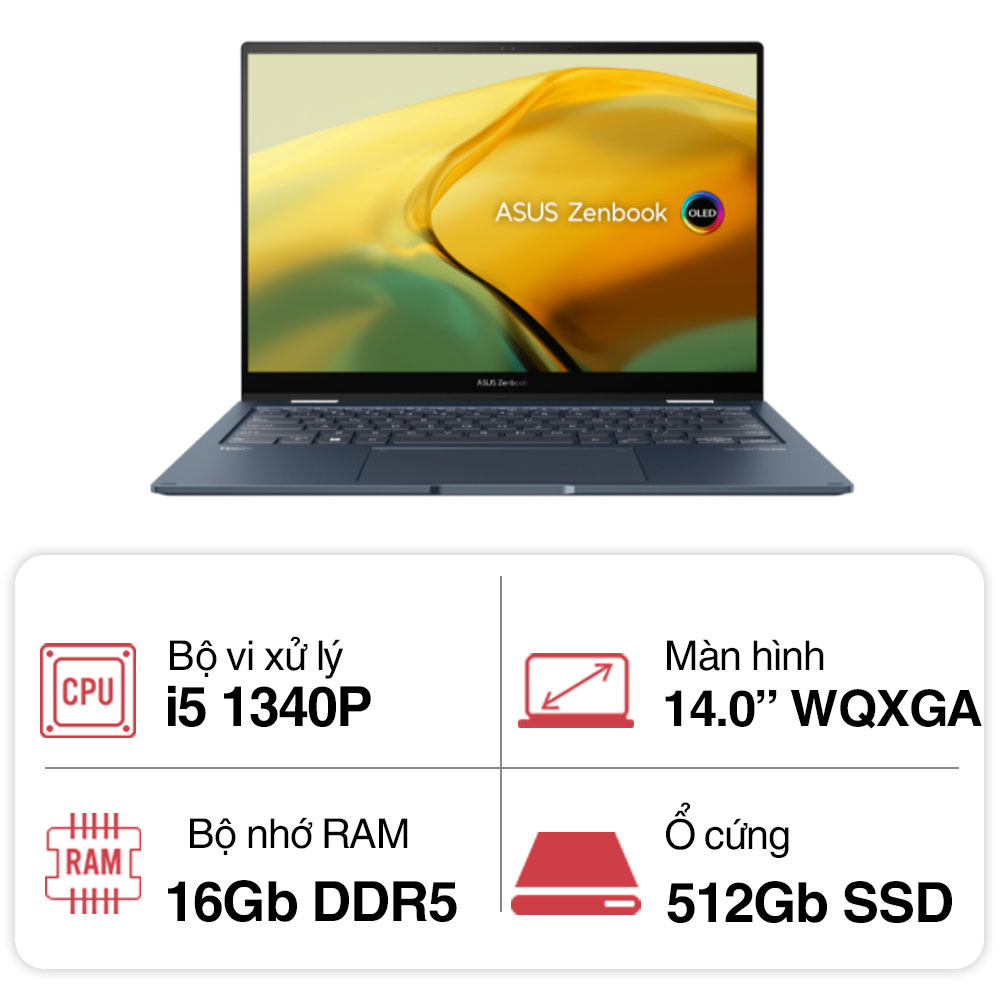 Laptop Asus Zenbook Flip UP3404VA-KN038W (i5 1340P/ 16GB/ 512GB SSD/ 14 inch WQXGA Touch/ Win11/ Blue/ Vỏ nhôm/ Pen/ Túi Sleeve)