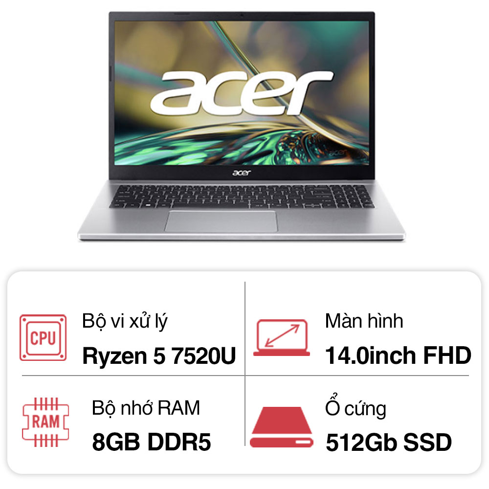 Laptop Acer Aspire A314-23M-R4TX (R5 7530U/ 8GB/ 512GB SSD/ 14 inch FHD/ Win11/ Silver/ Vỏ nhôm/ 1Y)