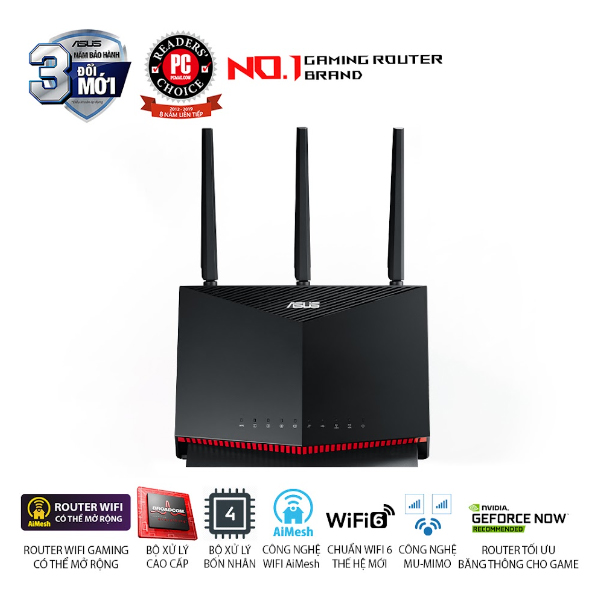 Bộ phát wifi 6 Asus RT-AX86S (Chuẩn AX/ AX5700Mbps/ 3 Ăng-ten ngoài/ Wifi Mesh/ Dưới 80 User)