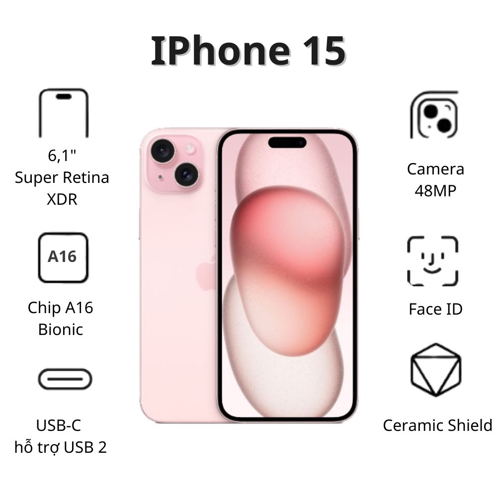 Điện thoại Apple iPhone 15 (6GB/ 128Gb/ Pink)