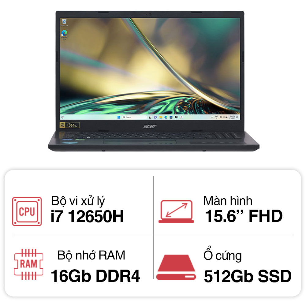 Laptop Acer Aspire High Performance A715-76-728X (i7 12650H/ 16GB/ 512GB SSD/ 15.6 inch FHD/ Win11/ Black/ Vỏ nhôm/ 2Y)