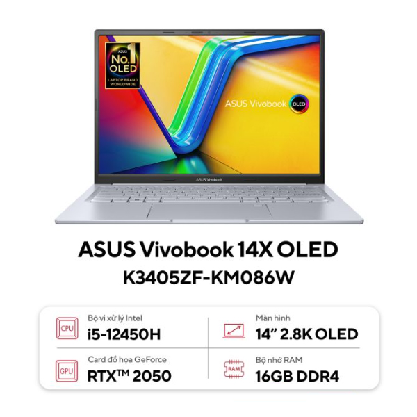 Laptop Asus Vivobook 14X OLED K3405ZF-KM086W (Core i5 12450H/ 16GB/ 512GB SSD/ Nvidia GeForce RTX 2050 4GB GDDR6/ 14.0inch 2.8K/ Windows 11 Home/ Silver)