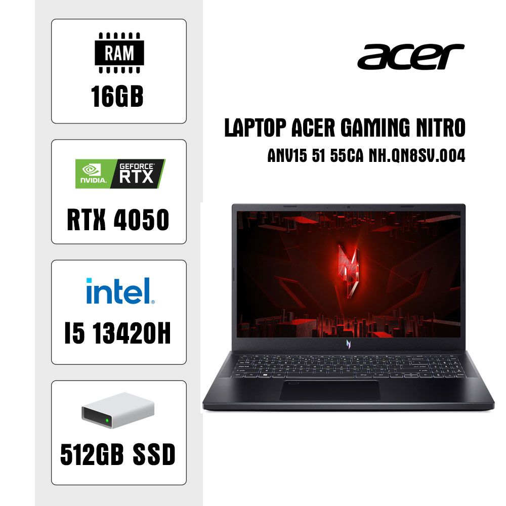 Máy tính xách tay Acer Gaming Nitro ANV15-51-55CA NH.QN8SV.004 (i5 13420H/ 16GB/ 512GB SSD/ RTX 4050 6GB/ 15.6 inch FHD/ 144Hz/ Win11/ Black/ 2Y)
