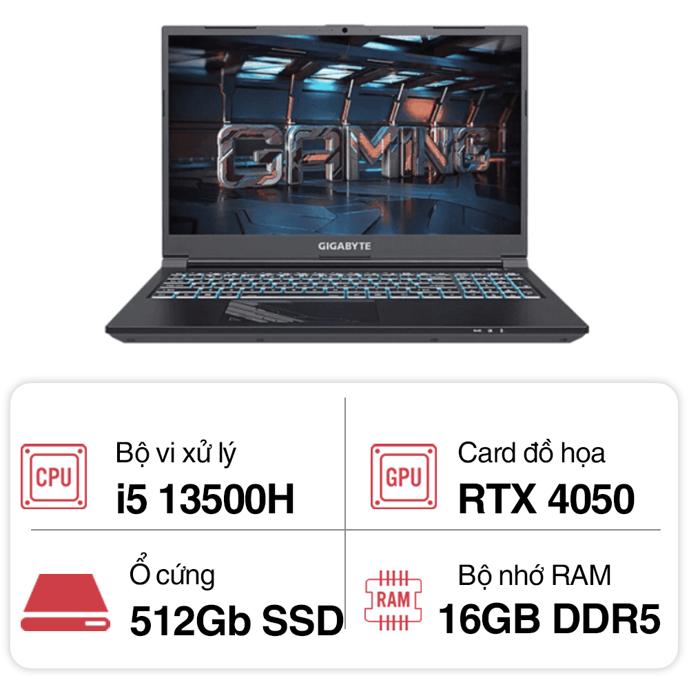 Laptop Gigabyte Gaming G5 MF5 52VN353SH (i5 13500H/ 16GB/ 512GB SSD/ RTX 4050 6GB/ 15.6 inch FHD/ 144Hz/ Win11/ Black/ 2Y)