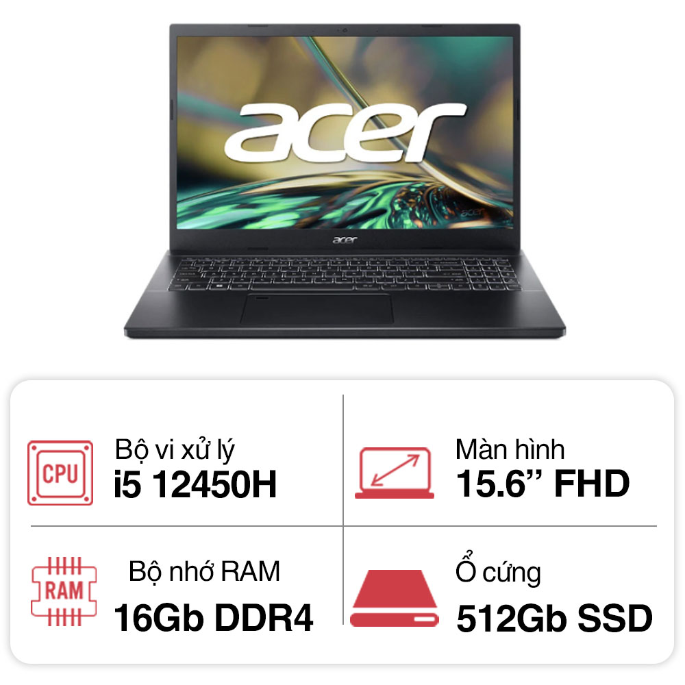 Laptop Acer Aspire High Performance A715-76-53PJ NH.QGESV.007 (i5 12450H/ 16GB/ 512GB SSD/ 15.6 inch FHD/ Win11/ Black/ Vỏ nhôm/ 2Y)