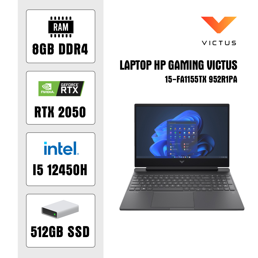 Laptop HP Gaming Victus 15-fa1155TX 952R1PA (i5 12450H/ 8GB/ 512GB SSD/ RTX 2050 4GB/ 15.6 inch FHD/ 144Hz/ Win11/ Black)