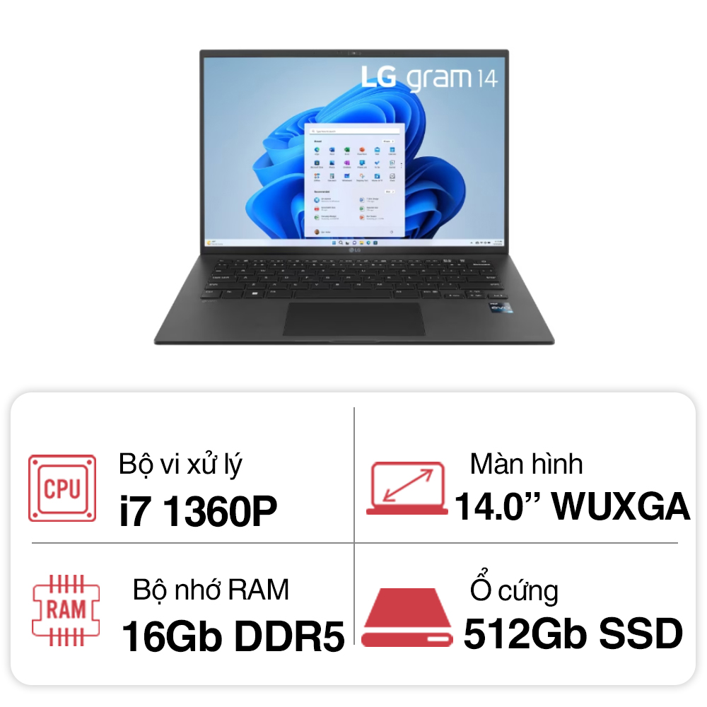 Laptop LG Gram 14Z90R-G.AH75A5 (Core i7 1360P/ 16GB/ 512GB SSD/ Intel Iris/ 14.0inch WUXGA/ Windows 11 Home/ Black)