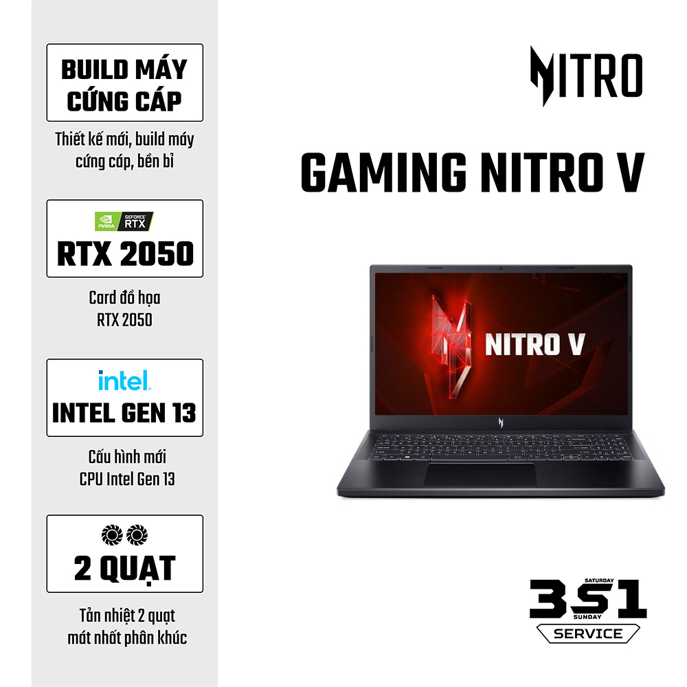 Máy tính xách tay Acer Gaming Nitro ANV15-51-58AN NH.QNASV.001 (i5 13420H/ 8GB/ 512GB SSD/ RTX 2050 4GB/ 15.6 inch FHD/ 144Hz/ Win11/ Black/ 2Y)