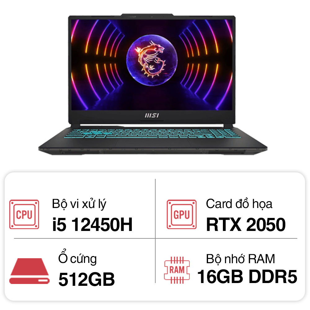 Laptop MSI Gaming Cyborg 15 A12UCX-618VN (i5 12450H/ 16GB/ 512GB SSD/ RTX 2050 4GB/ 15.6 inch FHD/ 144Hz/ Win11/ Black/ Balo)