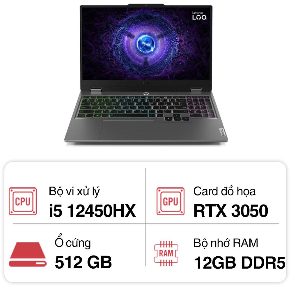 Laptop Lenovo LOQ Gaming 15IAX9 (i5 12450HX/ 12GB/ 512GB SSD/ RTX 3050 6Gb/ 15.6 inch FHD/ 144Hz/ Win11/ 2Y)