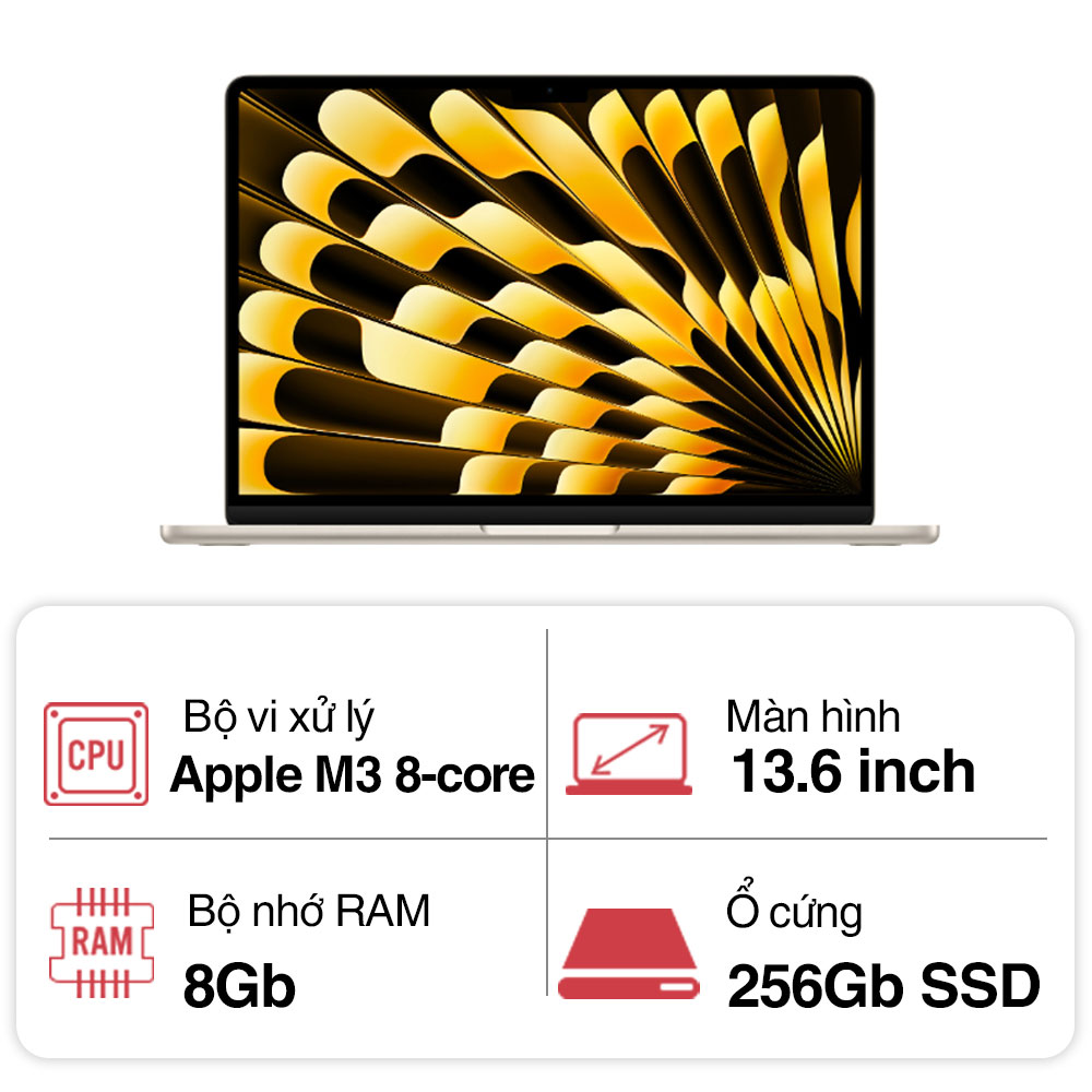 Laptop Apple Macbook Air M3 MRXT3SA/A (8 Core/ 8GB/ 256GB/ 13.6Inch/ Starlight)