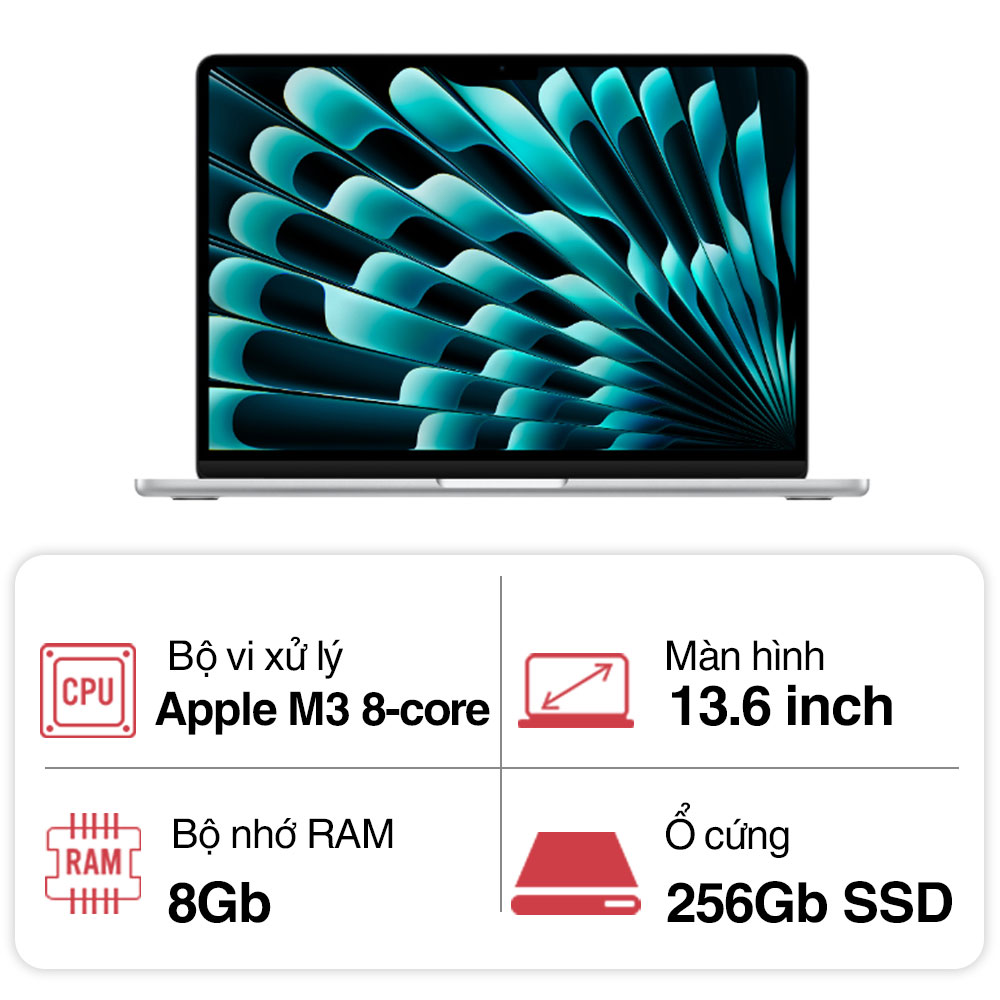 Laptop Apple Macbook Air M3 MRXQ3SA/A (8 Core/ 8GB/ 256GB/ 13.6Inch/ Silver)