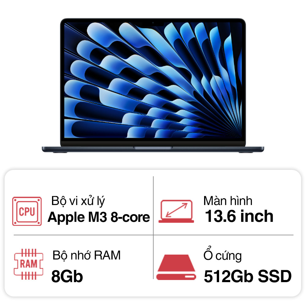 Laptop Apple Macbook Air M3 MRXW3SA/A (8 Core/ 8GB/ 512GB/ 13.6Inch/ Midnight)