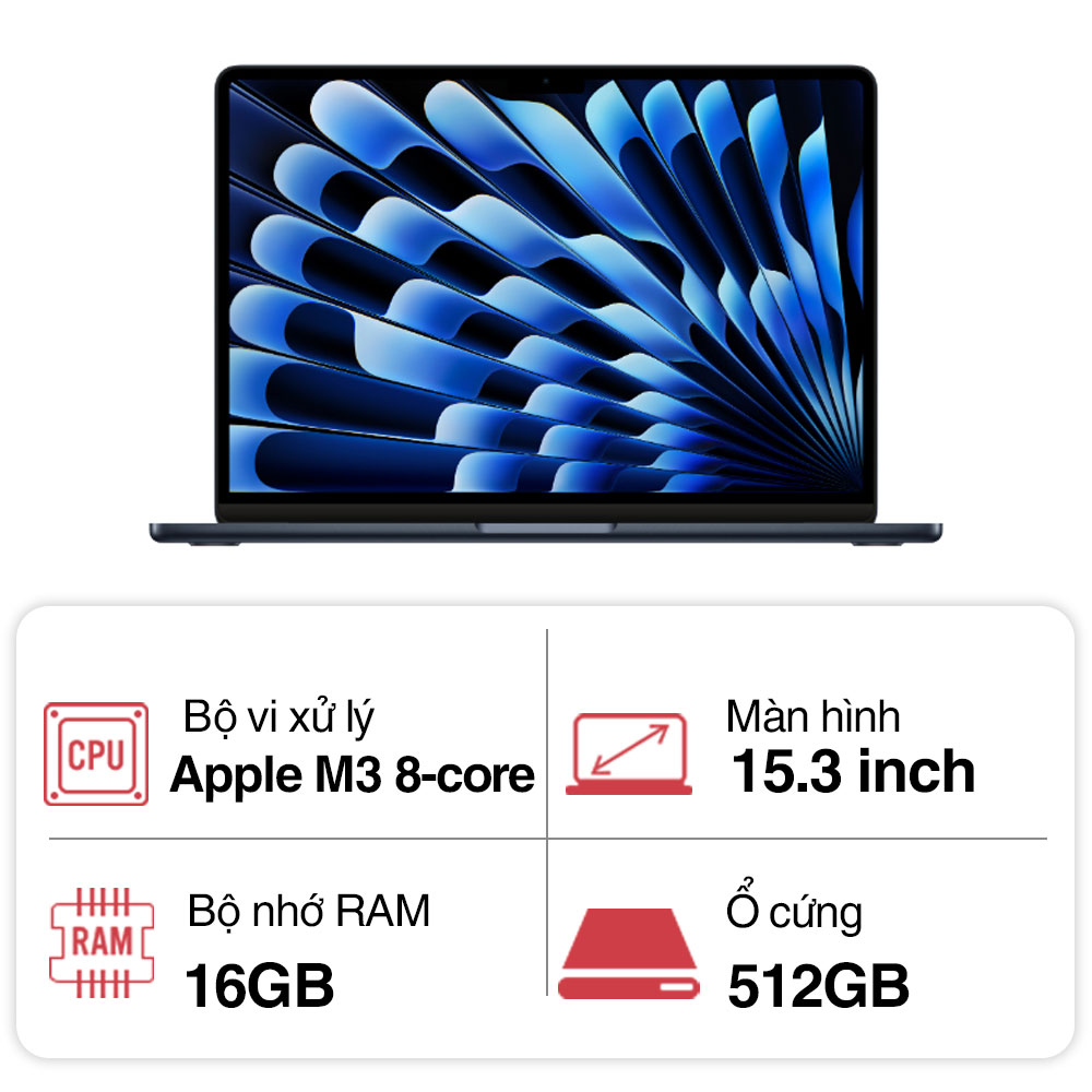 Laptop Apple Macbook Air M3 MXD43SA/A (8 Core CPU/ 10 core GPU/ 16GB/ 512GB/ 15.3inch/ Mac OS/ Midnight)