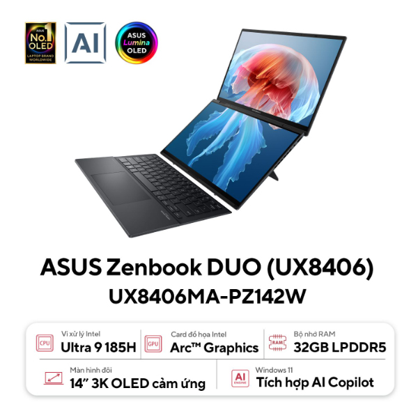 Laptop Asus Zenbook Duo OLED UX8406MA-PZ142W (Ultra 9 185H/ 32GB/ 1TB SSD/ 14 inch 3K/ 120Hz/ Win11/ Grey)