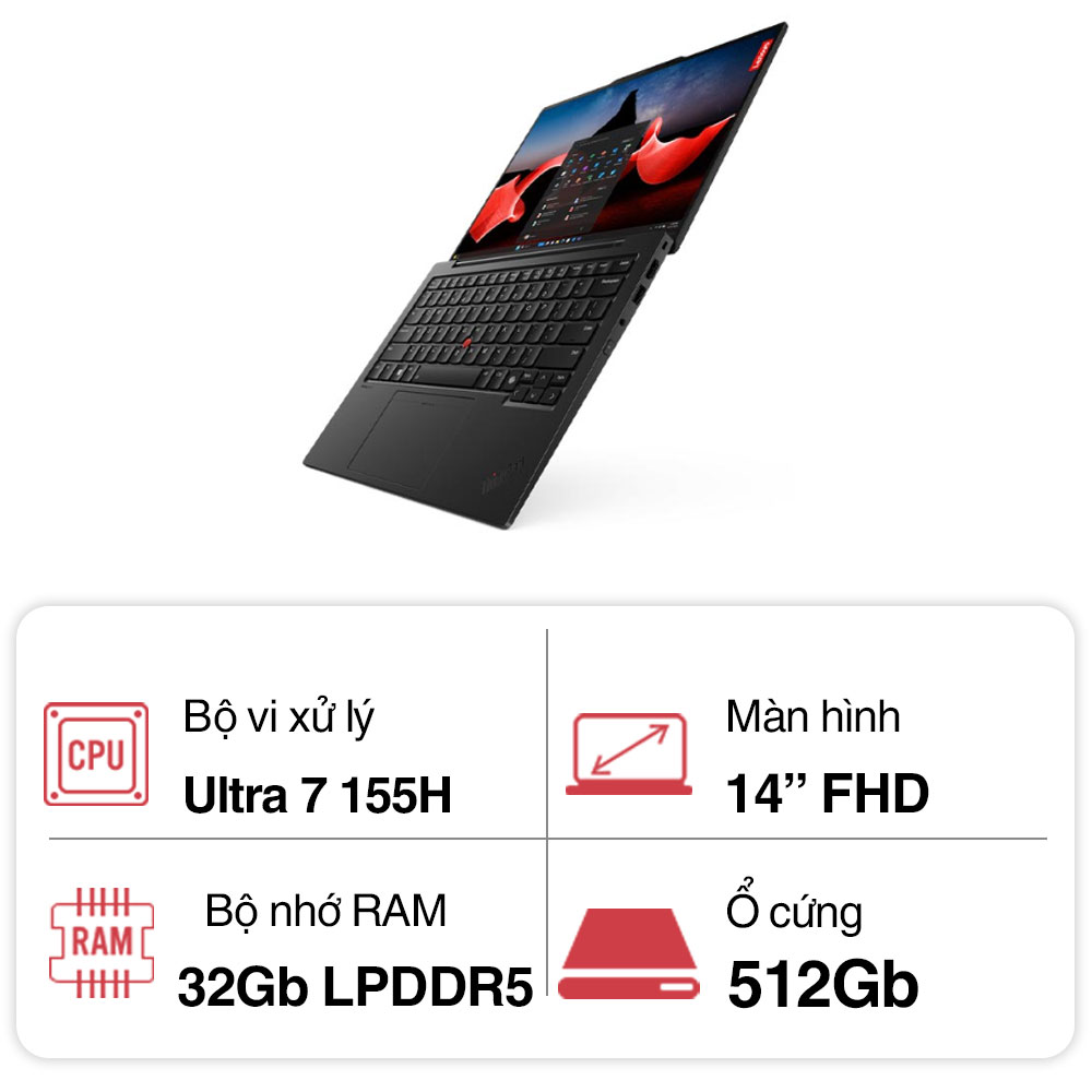 Laptop Lenovo ThinkPad X1 Carbon Gen 12 (Ultra 7 155H/ 32GB/ 512GB SSD/14 inch WUXGA/Win 11 Pro/ Black Paint/ Carbon/3Y)