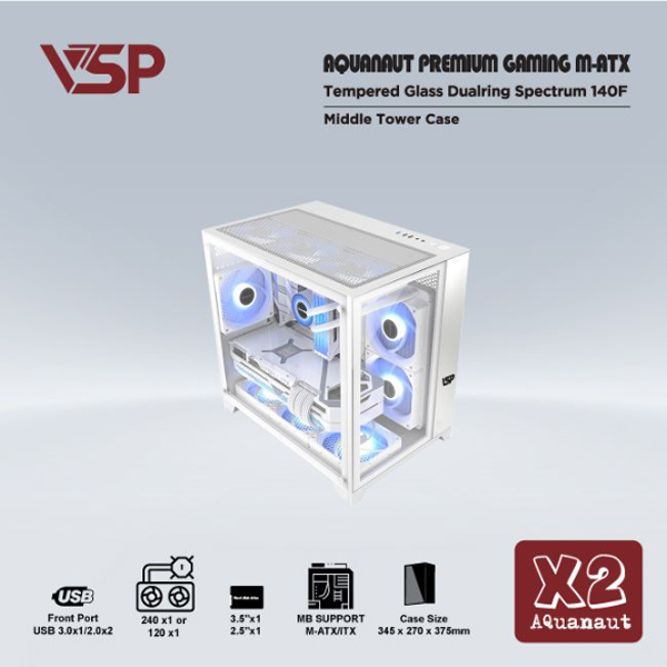 Vỏ máy tính VSP AQUANAUT PREMIUM GAMING M-ATX X2 Trắng