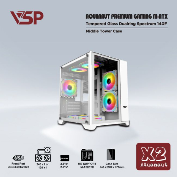Vỏ máy tính VSP AQUANAUT PREMIUM GAMING M-ATX X2 Trắng