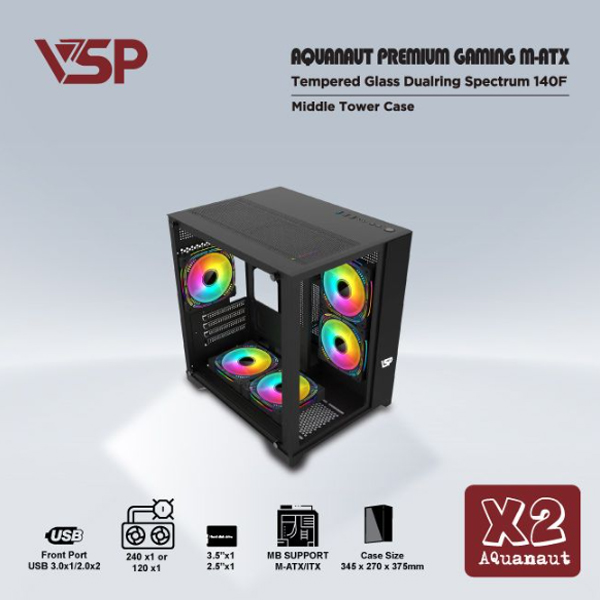 Vỏ máy tính VSP AQUANAUT PREMIUM GAMING M-ATX X2 Đen