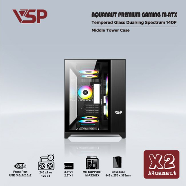 Vỏ máy tính VSP AQUANAUT PREMIUM GAMING M-ATX X2 Đen