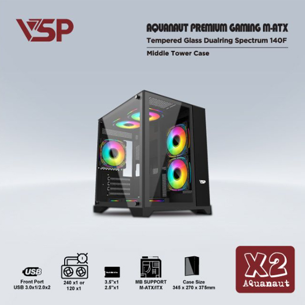 Vỏ máy tính VSP AQUANAUT PREMIUM GAMING M-ATX X2 Đen