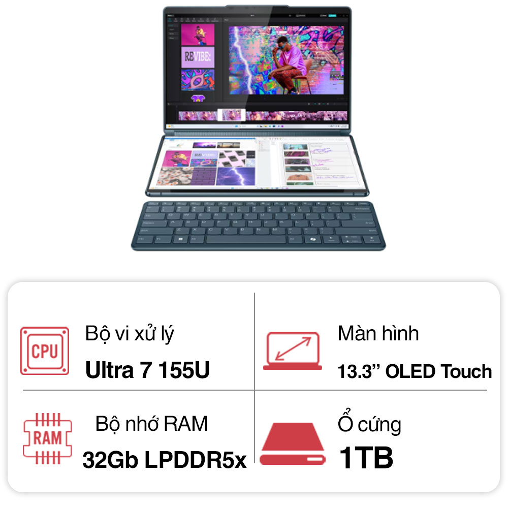 Laptop Lenovo Yoga Book 9 13IMU9 83FF001SVN (Ultra 7 155U/ 32GB/ 1TB SSD/13.3 inch OLED Touch/Win 11/ Office/ Tidal Teal/ Vỏ nhôm/ Mouse/ Key/ 2Y)