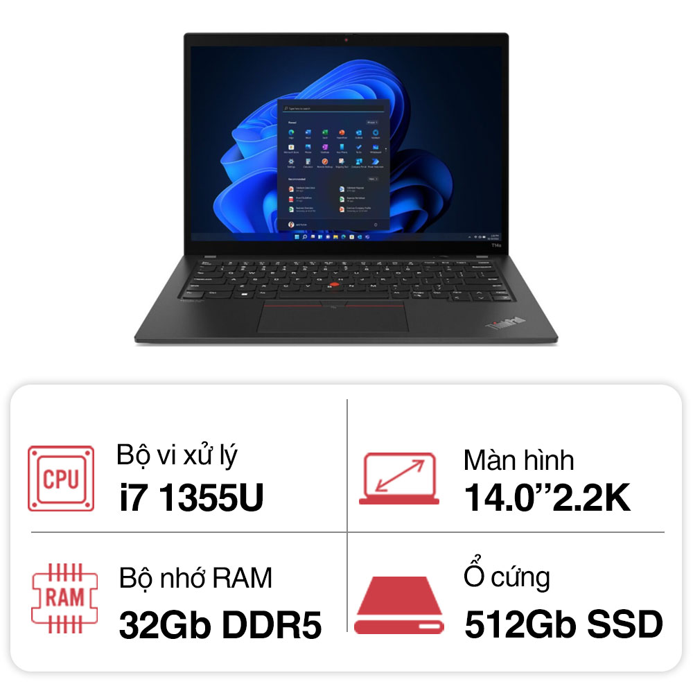 Laptop Lenovo ThinkPad T14S GEN 4 21F6009SVA (i7 1355U/ 32GB/ 512GB SSD/14 inch 2.2K/NoOS/ Black Paint/ Carbon/3Y)