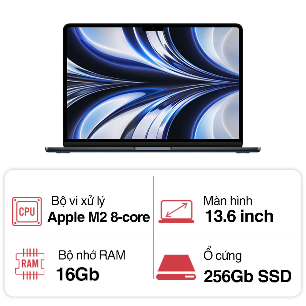 Laptop Apple Macbook Air M2 Z1600098B (8 core CPU/ 10 core GPU/ 16GB/ 256GB/ 13.6Inch/ Mac OS/ Midnight/ Vỏ nhôm)