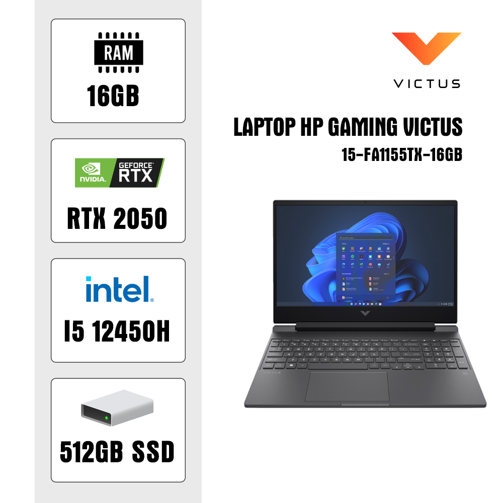 Laptop HP Gaming Victus 15-fa1155TX-16GB (i5 12450H/ 16GB/ 512GB SSD/ RTX 2050 4GB/ 15.6 inch FHD/ Win11/ Black)