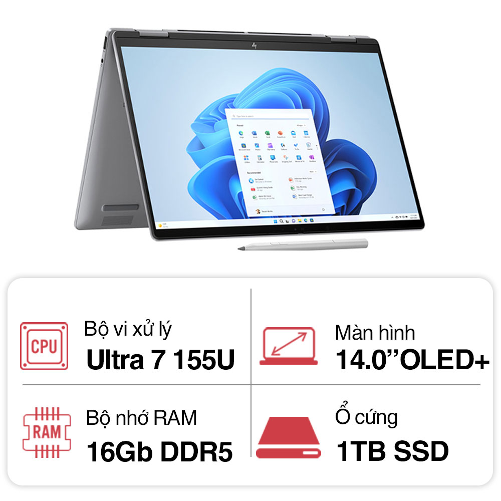 Laptop HP Envy x360 14-fc0088TU A19BYPA (Ultra 7 155U/ 16GB/ 1TB SSD/ 14.0inch OLED Touch/ Win11/ Silver/ Vỏ nhôm/ Pen)