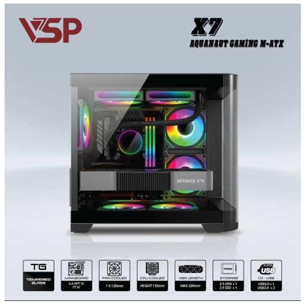 Vỏ máy tính VSP AQUANAUT PRO GAMING M-ATX X7 đen (Mid Tower)