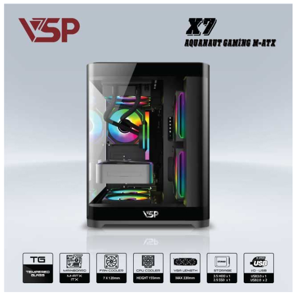 Vỏ máy tính VSP AQUANAUT PRO GAMING M-ATX X7 đen (Mid Tower)