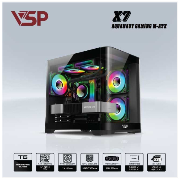 Vỏ máy tính VSP AQUANAUT PRO GAMING M-ATX X7 đen (Mid Tower)