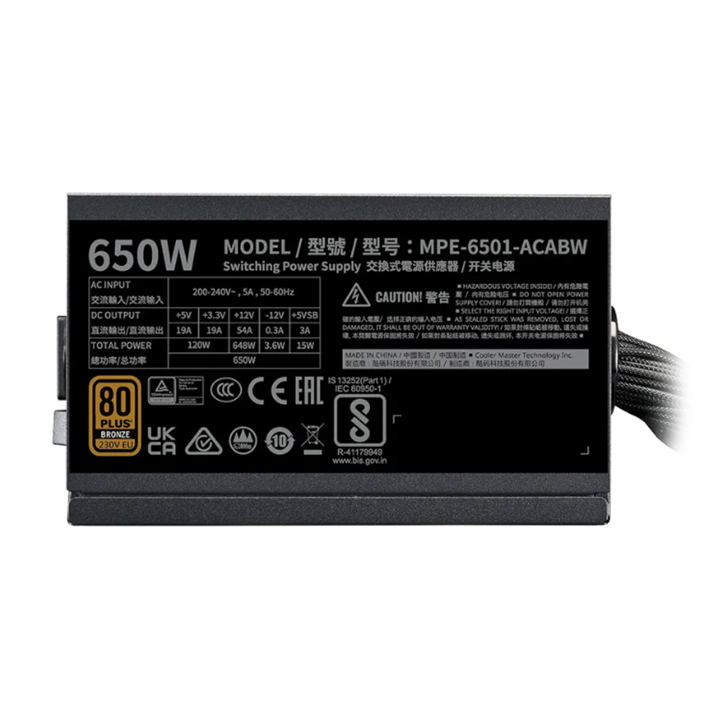 Nguồn máy tính Cooler Master MWE BRONZE V3 230V 650W A/EU Cable (80 Plus Bronze/ ATX/ Đen)