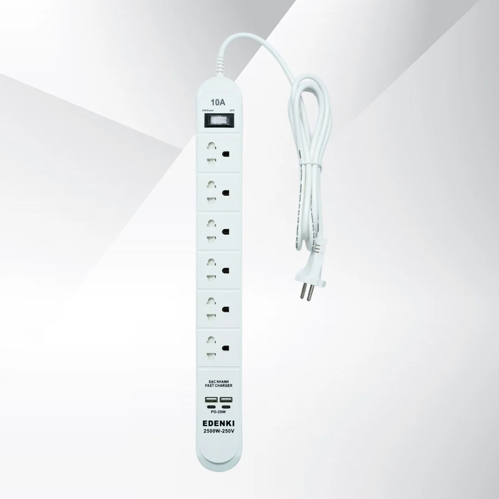 Ổ cắm điện Edenki ED-6CU4W White (6 Lỗ đa năng + 2 Usb Type A + 2Usb Type C- 4M 10A)