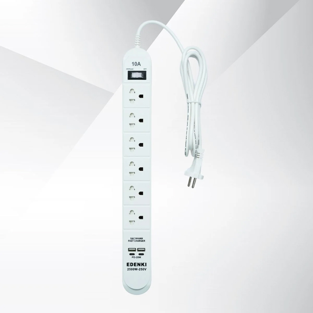 Ổ cắm điện Edenki ED-6CU2W White (6 Lỗ đa năng + 2 Usb Type A + 2Usb Type C- 2M 10A)