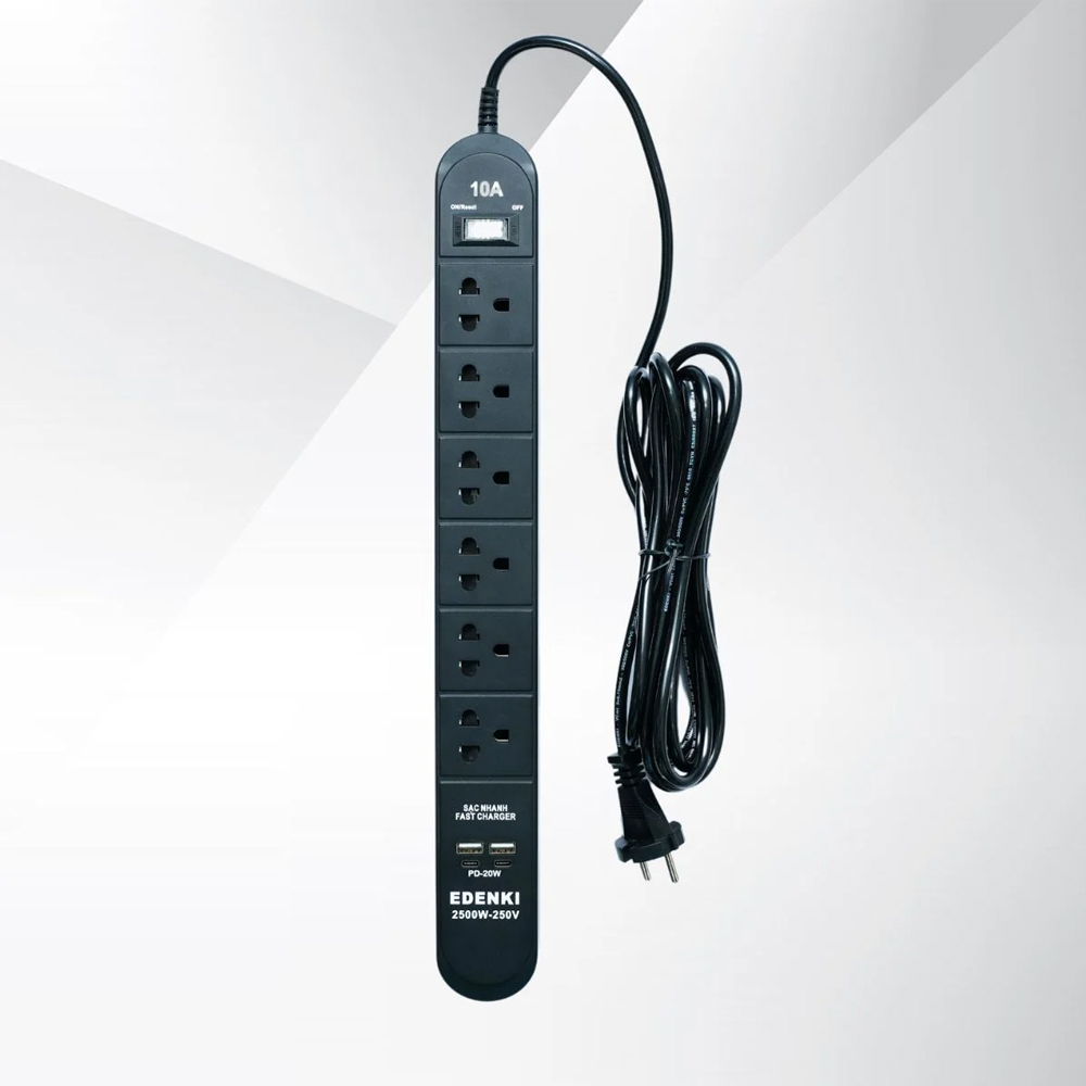 Ổ cắm điện Edenki ED-6CU2B Black (6 Lỗ đa năng + 2 Usb Type A + 2Usb Type C- 2M 10A)