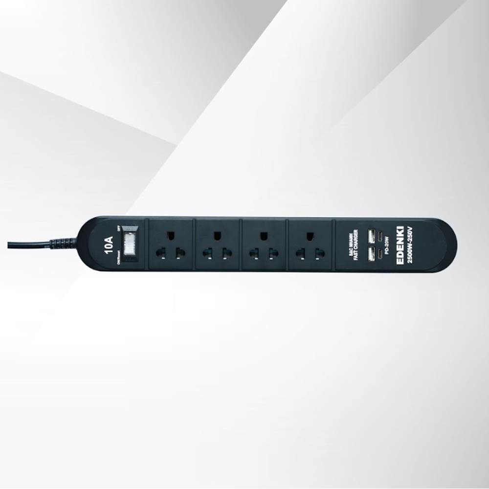 Ổ cắm điện Edenki ED-4CU2B Black (4 Lỗ đa năng + 2 Usb Type A + 2Usb Type C- 2M 10A)