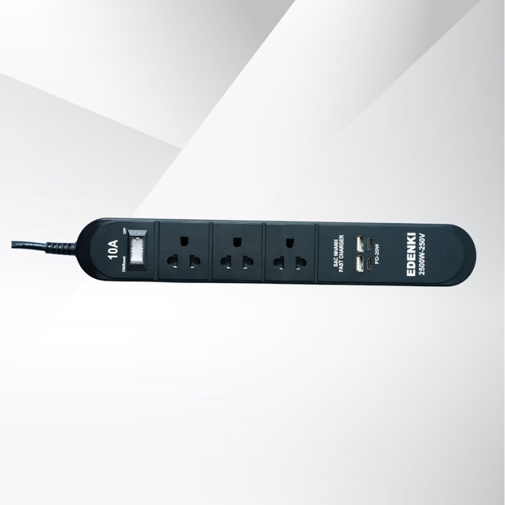 Ổ cắm điện Edenki ED-3CU2B Black (3 Lỗ đa năng + 2 Usb Type A + 2Usb Type C- 2M 10A)
