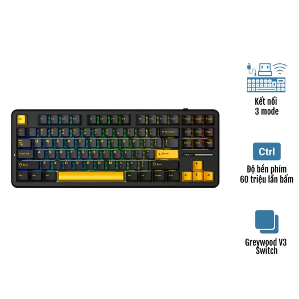Bàn phím cơ Aula 3 MODE F87 Đen+Xanh đậm+Cam Greywood V3 Switch