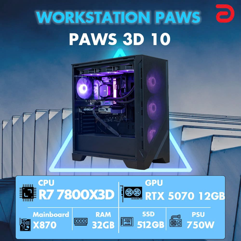 Máy tính PAWS 3D 10 (Ryzen 7 7800X3D/X870/32GB/RTX 5070)